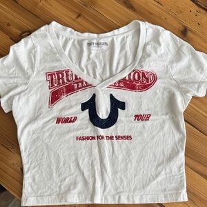 True Religion White Crop Top with Red and Blue Logo